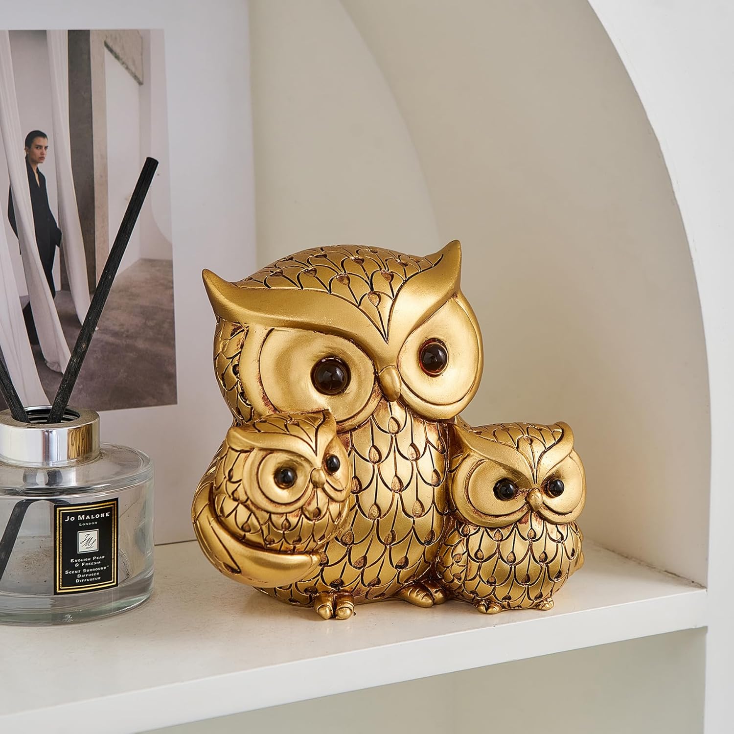 FJS Gold Owl Statue Decor - Cute Figurine Table Shelf Decor Accents, Modern Bird Sculpture Table Decorations for Living Room TV Stand Office