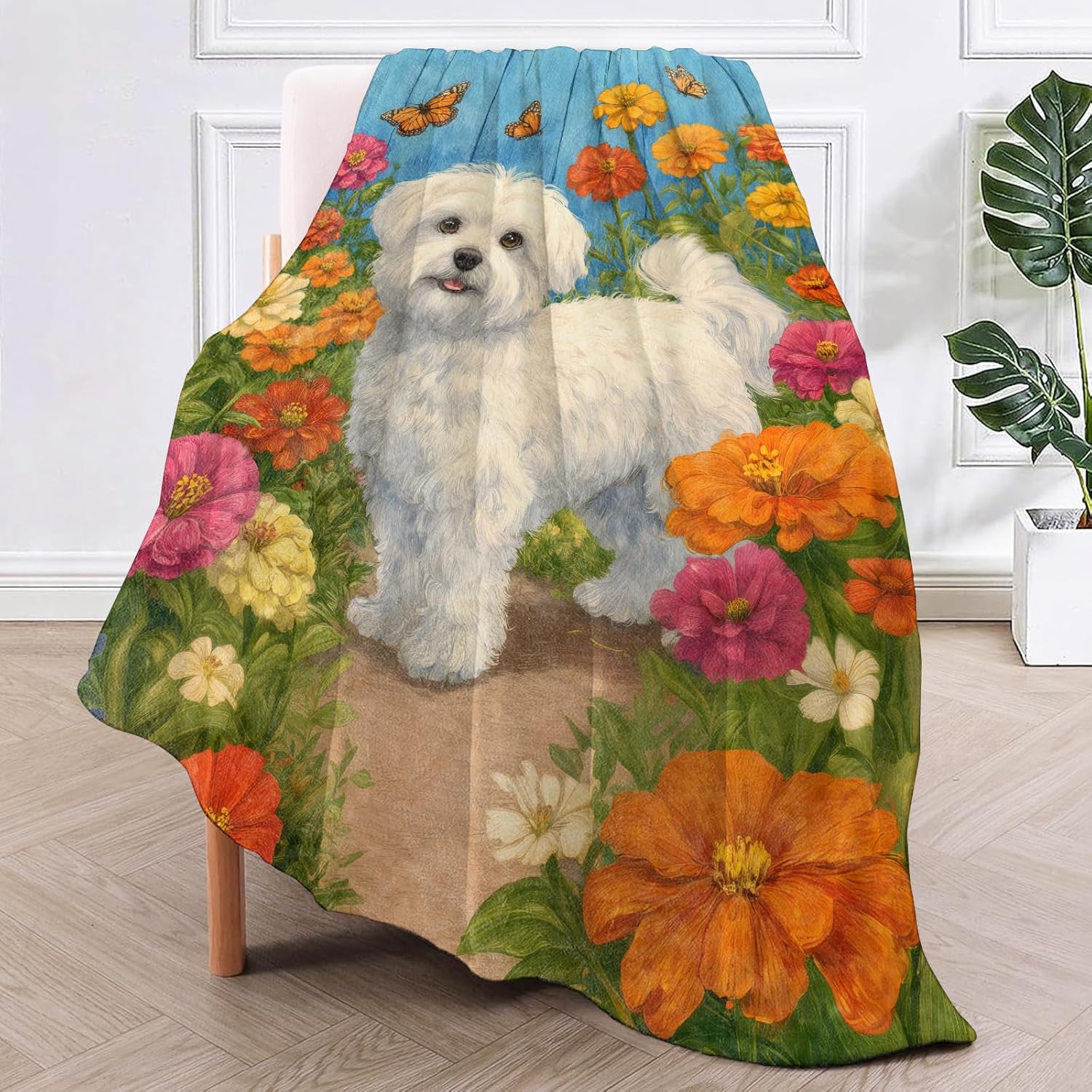 Charming Dog Floral Flannel Throw Blanket Playful White Puppy Garden Decor for Girls Women Flower Lovers Cozy Lightweight Fleece Blankets Bedroom Couch Dorm Camping Travel Gifts, 50x60inch