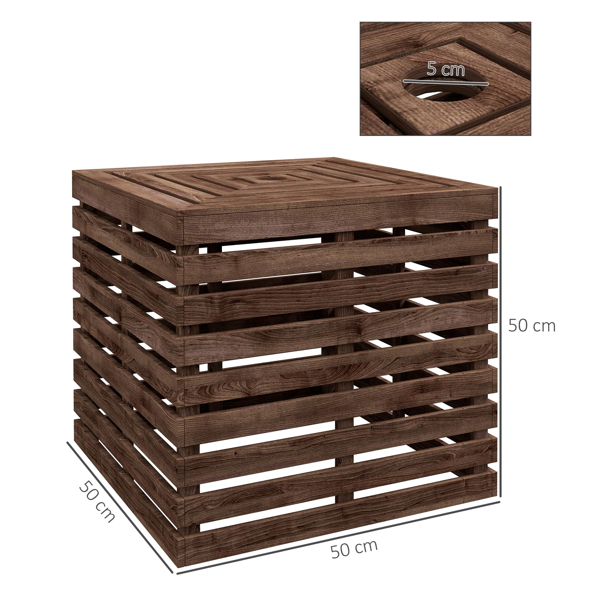 Outsunny Tavolino portaoggetti esterno 3 in 1 per base ombrellone, in legno, copripiede da ombrellone, dim. 50 x 50 x 50 cm, marrone
