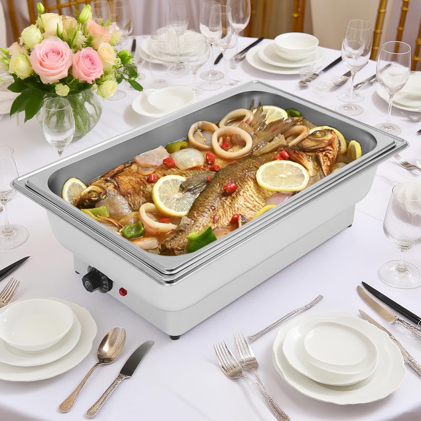 Chafing Dish, scaldavivande elettrico, in acciaio inox, 13,5 l, 600 W, con regolatore di temperatura, per catering, hotel, feste di famiglia