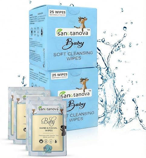 Individually Wrapped Wet Wipes for Baby – 50 Single-Use Sachets (Pack of 2 × 25) | Soft & Gentle Pure Water Wipes | Aloe Vera & Chamomile | Alcohol-Free Baby Wet Wipes |Unscented & Hygienic