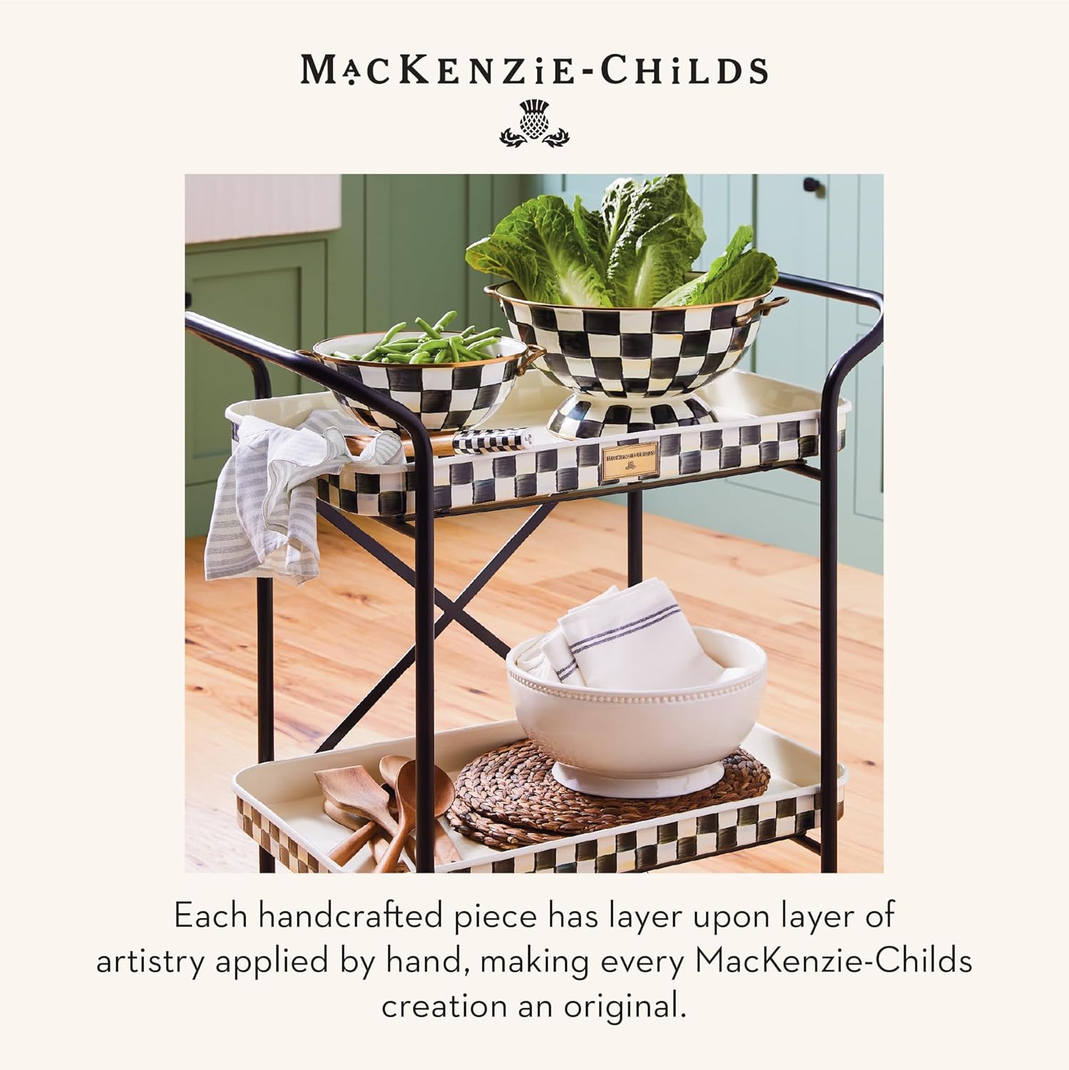 MACKENZIE-CHILDS Enamel Bowl, Serving Bowl for Entertaining, Everything Bowl, Black-and-White Courtly Check