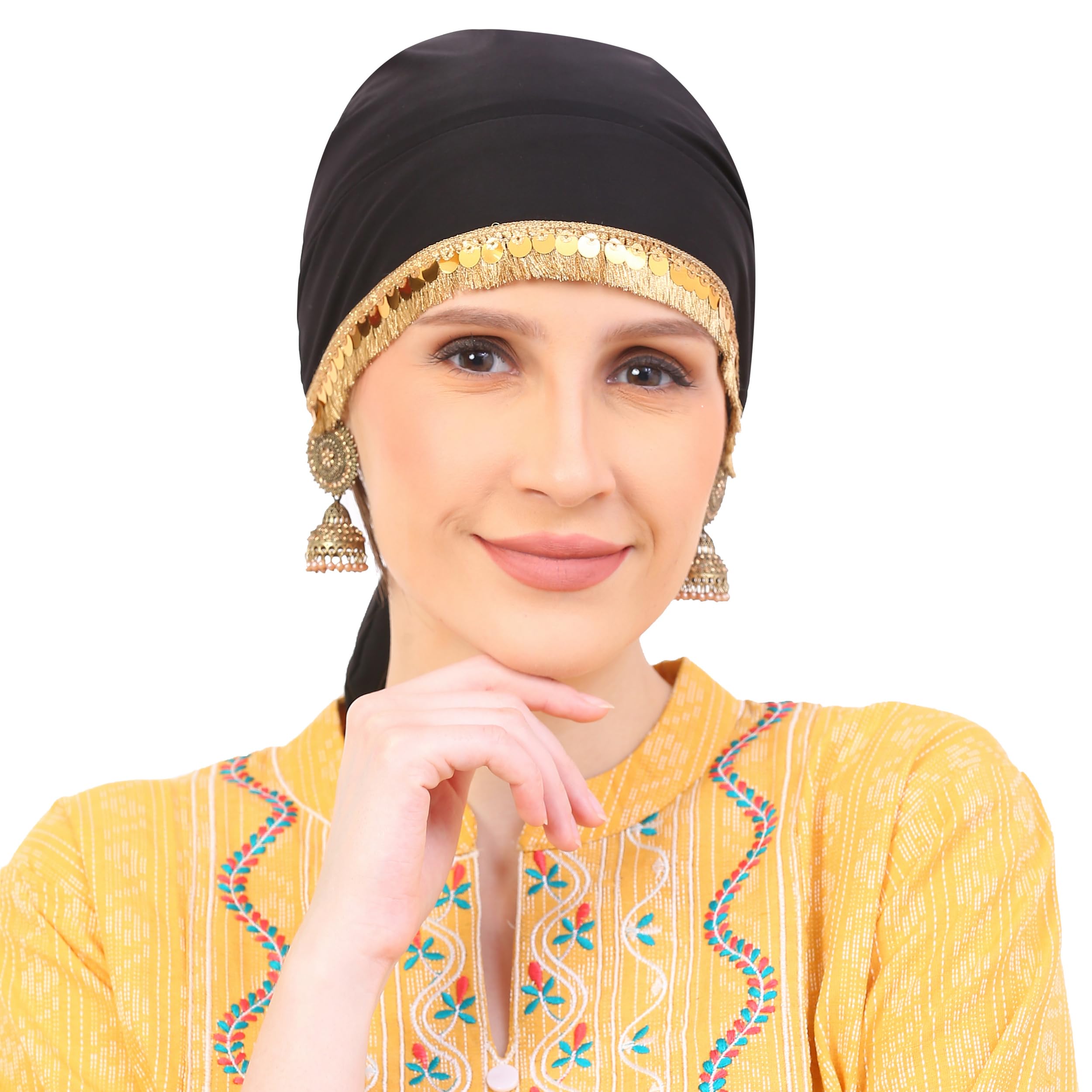 Women's Black Kashmiri Cap Head Scarf with Gold Embellishments-image-35