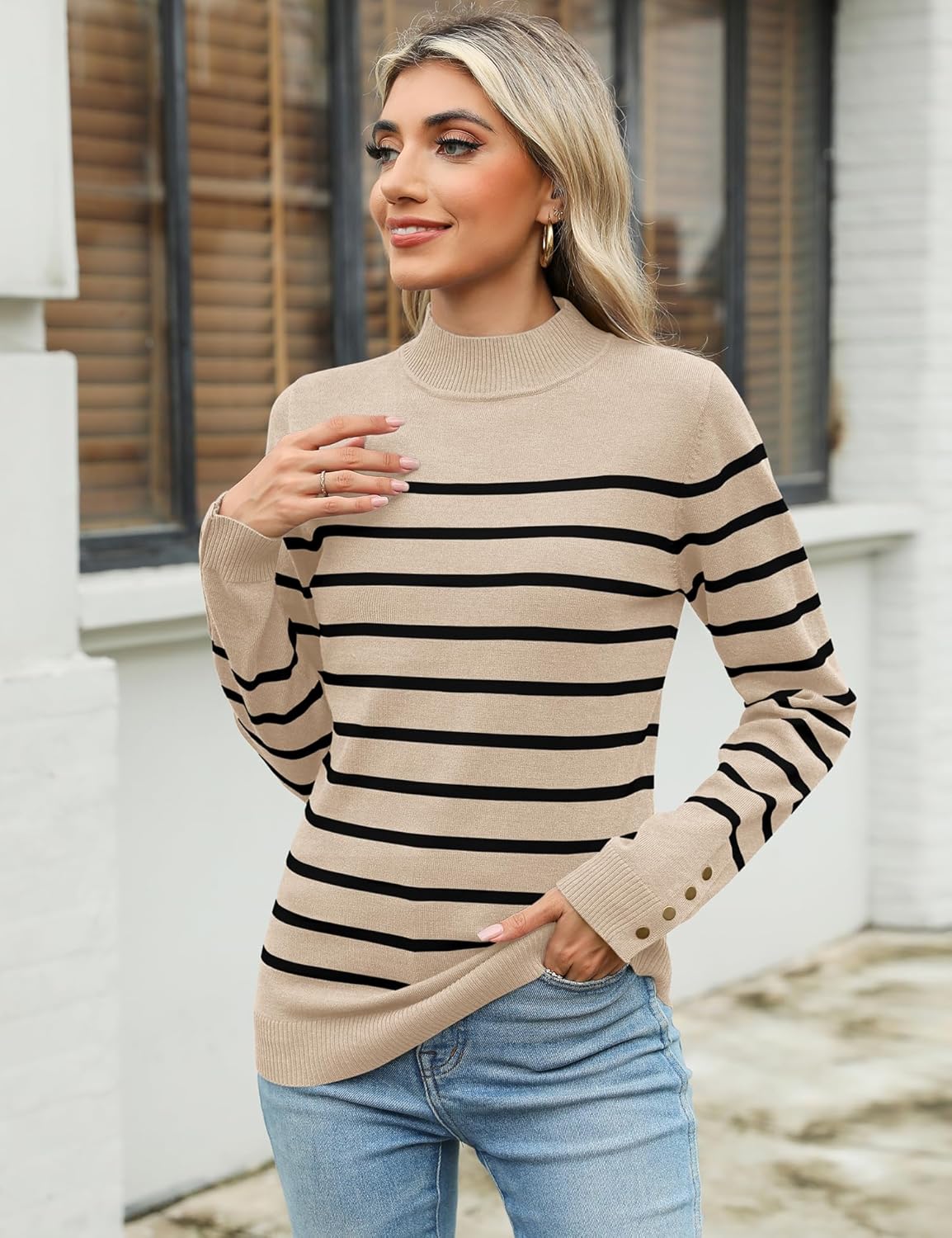 Qirno Womens Mock Neck Long Sleeve Knit Sweaters Turtleneck Casual Lightweight Button Cuffs Fall Pullover Sweater - Image 5