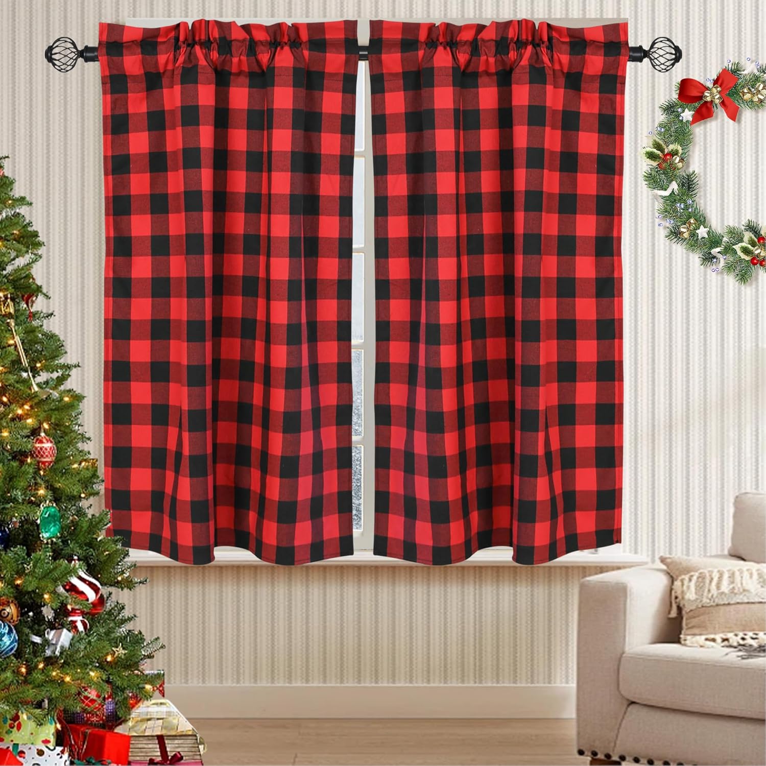 Buffalo Plaid Tier Curtains Red Black Rod Pocket Chic Window Curtain Vintage Country Check Small Xmas Kitchen Cafe Curtains, Set of 2, 28 x 48 Inch