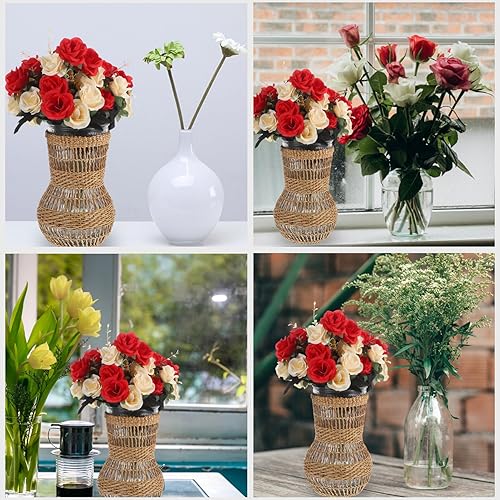 Miniatura 3 de HOMSFOU Maceta rústica de vidrio náutico, florero vintage con cubierta tejida de ratán, maceta de granja, jarrón hidropónico costero, centro de mesa