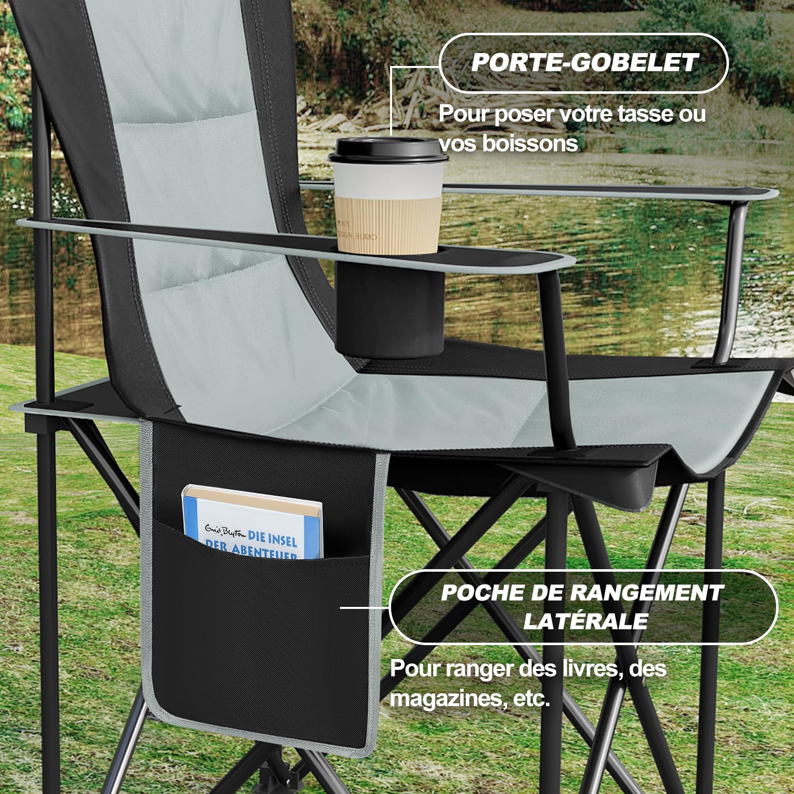 WOLTU Chaises de Camping Pliantes, Lot de 2, Chaise Pliante Portable et Légère, Chaise d’extérieur Confortable avec Dossier Haut, pour Jardin Randonnée Pêche Plage, Noir+Gris Clair