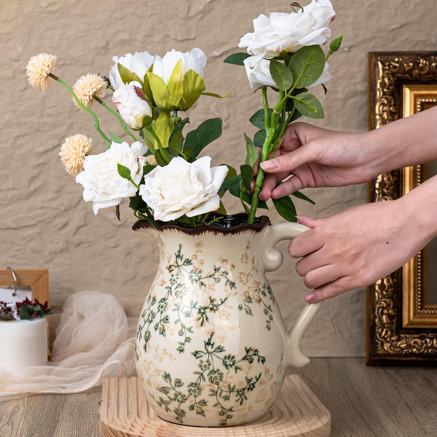 Green and Beige Vintage Vase with Handle, Ceramic Floral Pitcher Vase, Farmhouse Decorative Large Vases for Bouquet, Home Décor, Kitchen, French Country, Chinoiserie, Tuscan Decor, 8.3 Inch - Image 9