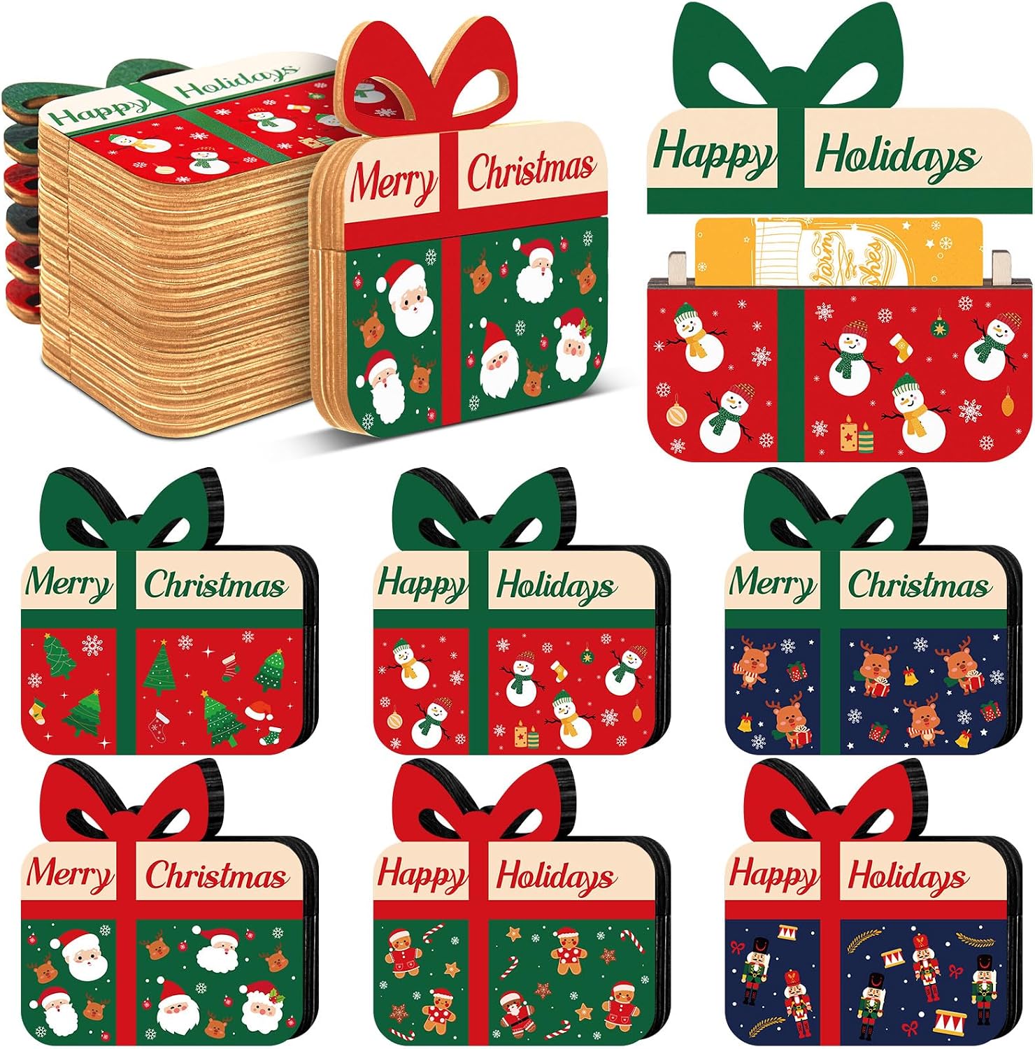 Cinnvoice 6 Pcs Christmas Gift Card Holders Gift Box Shaped Wooden Money Holders Money and Shopping Card Sleeves Cash Sleeves Winter Holiday Decor