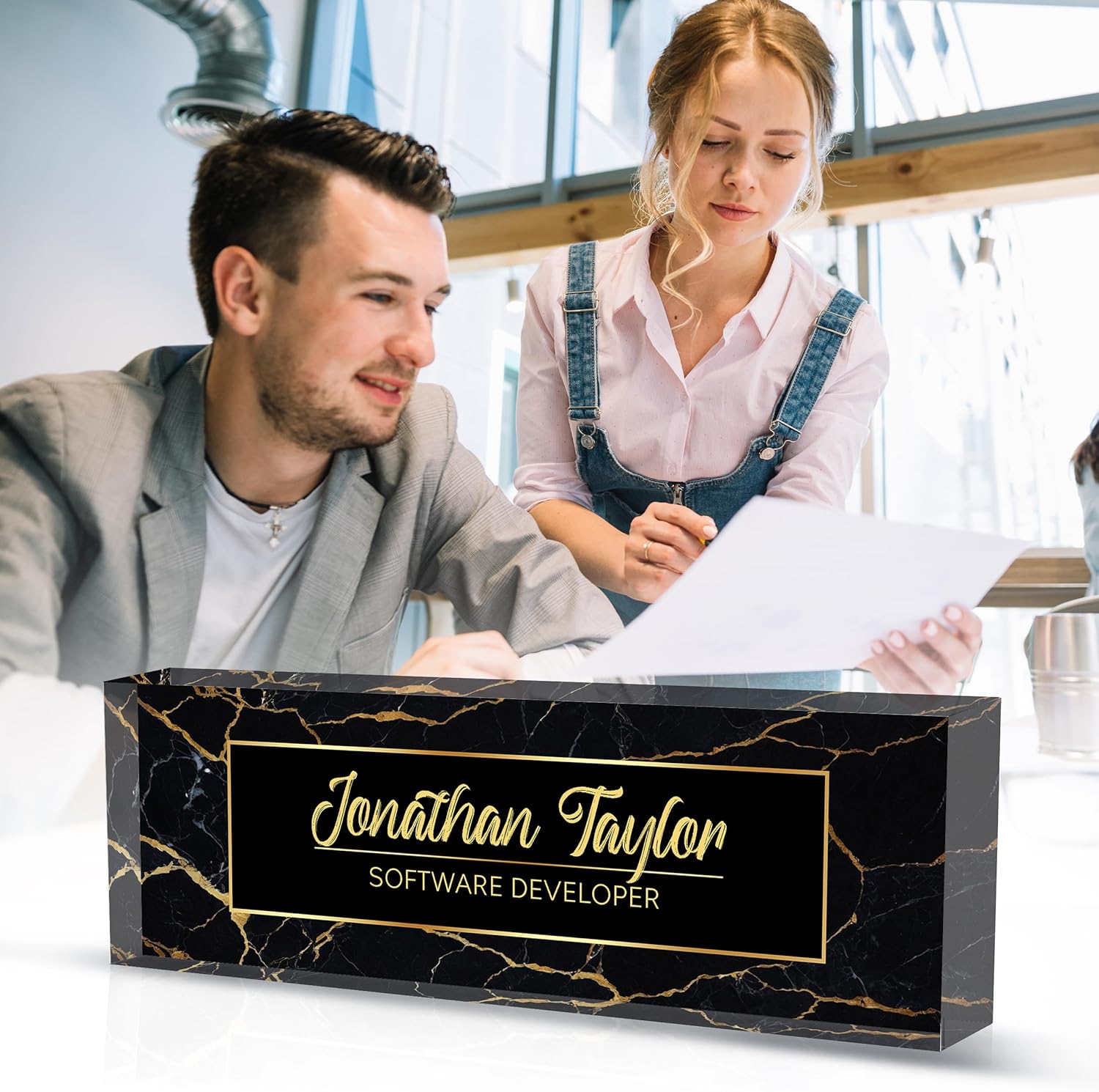 Custom Desk Name Plate Personalized, Acrylic Name Plate for Desk, Office Desk Decor for Women and Men, Employee Appreciation Gifts Office Gifts for Boss, Manager, Teacher, Nurse (Black Gold Marble) - Image 2