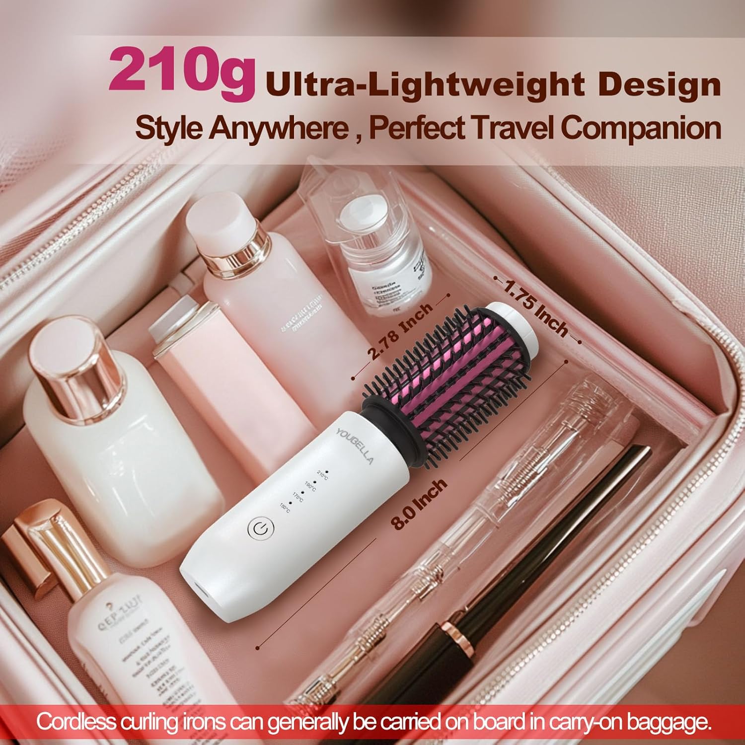 Youbella Cordless Hair Curling Iron Brush, Mini Travel Hot Straightener Comb, 3-in-1 Portable Wave Curling Wand, 1.5″ Ionic Heated Brush, USB Rechargeable Hair Curler, White – No Automatic Rotation