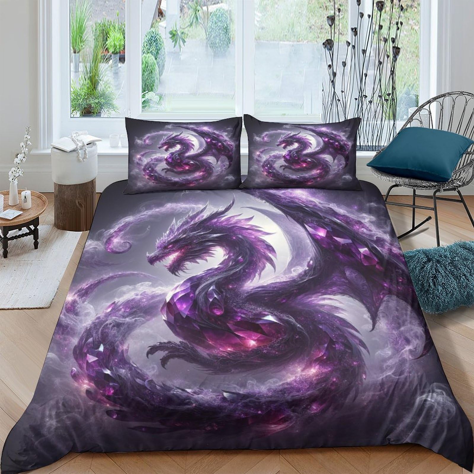 TNFHSOFT Flying Dragon Duvet Cover Sets Soft Microfiber Quilt Cover, 3D Purple Dragon Comforter Cover For Kids Teens Adults Bedding Set 3 Pieces With Zipper Closure Double（200x200cm）