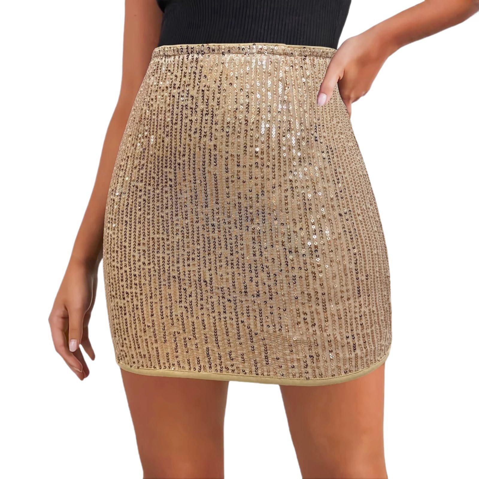 Hybursky Women's Sequin Skirt Sparkly Glitter High Waist Bodycon Mini Skirts Sexy Pencil Short Festival Rave Skirt Halloween Christmas Party Clubwear Night Out(Gold/XL)