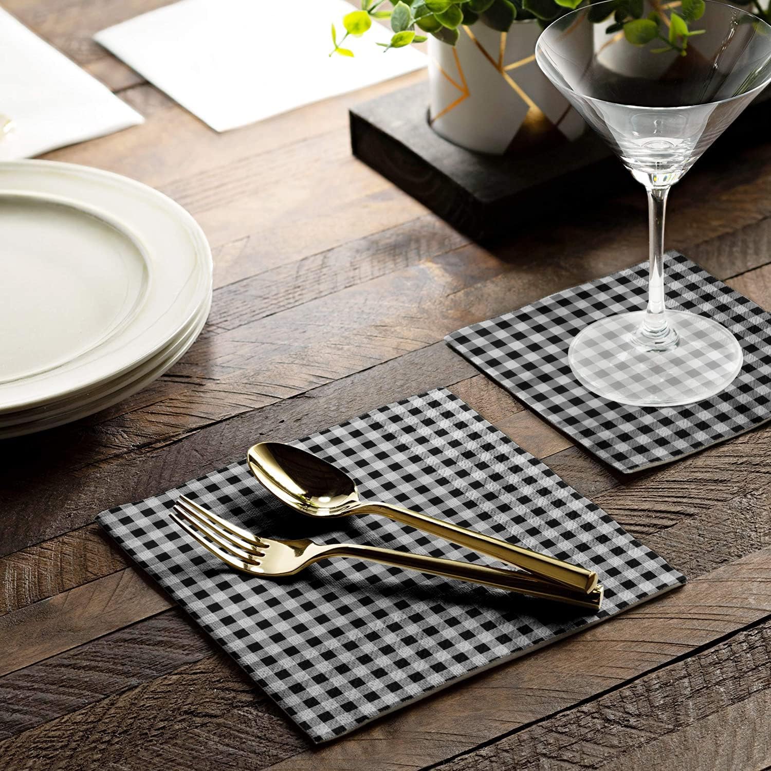Gatherfun Cocktail Napkins 3-ply 80PCS Black and White Gingham disposable Paper Napkins Beverage napkins for Restaurant Bar Picnic Birthday Party