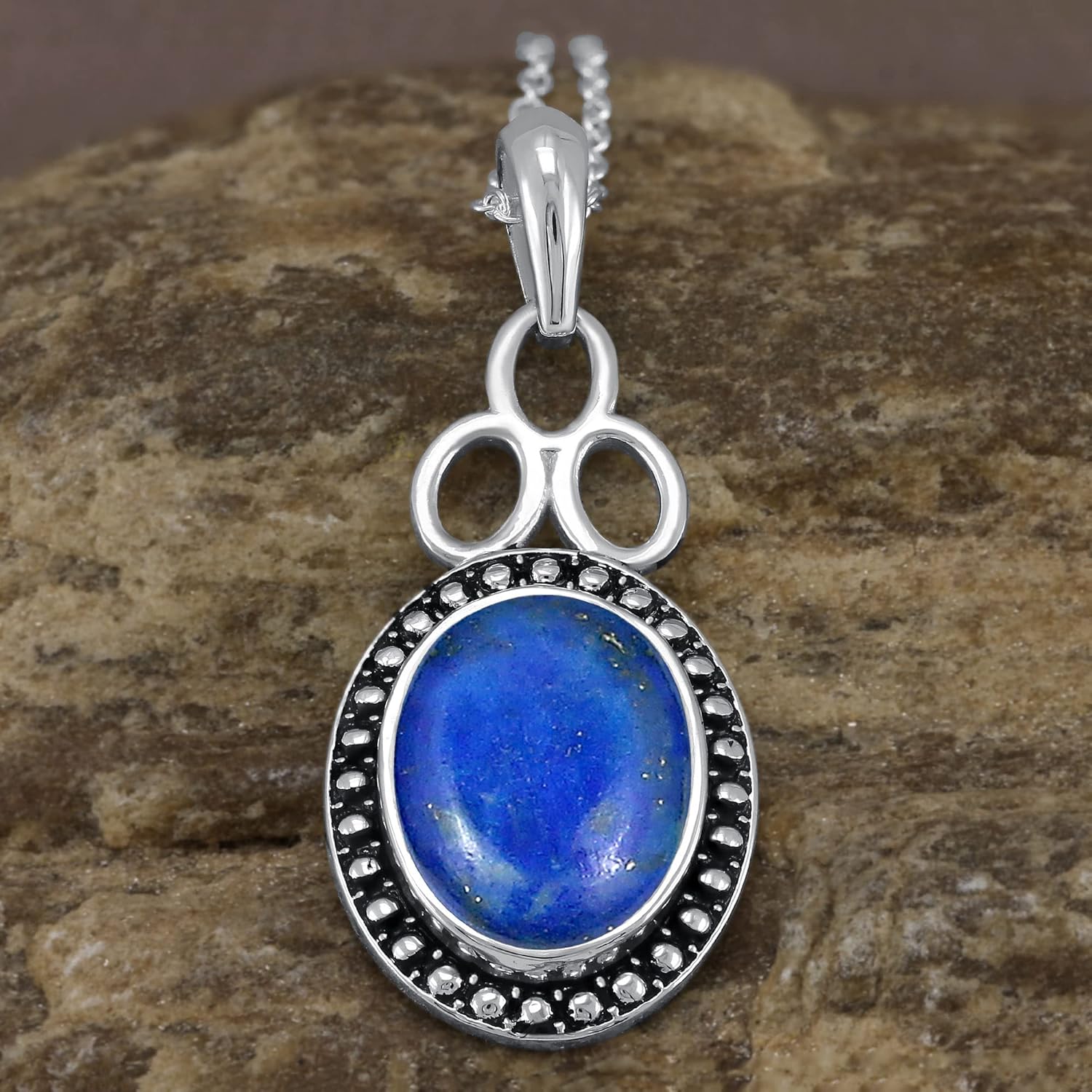 TISHAVI Natural Labradorite/Larimar/Lapis Silver Plated Pendant Necklace for Women, 18 Inch Chain Necklace Oval Shape Gemstone Pendant Jewelry, Gift for Her
