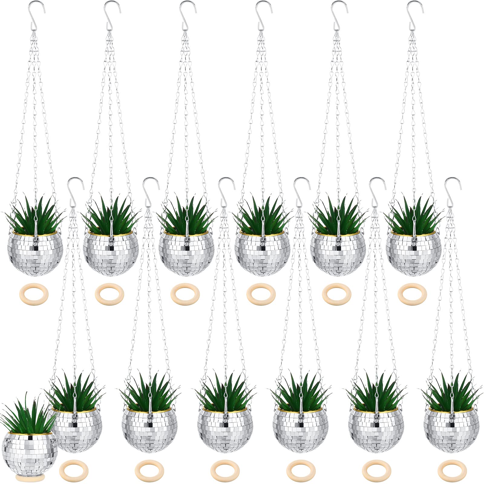 Remerry 12 Pcs 4 Inch Disco Ball Planter Mirror Ball Boho Hanging Planter Flower Pots Vase with Chain and Wooden Rings for Indoor Outdoor Plants Succulents Cacti Flowers Home Decorations (Silver)