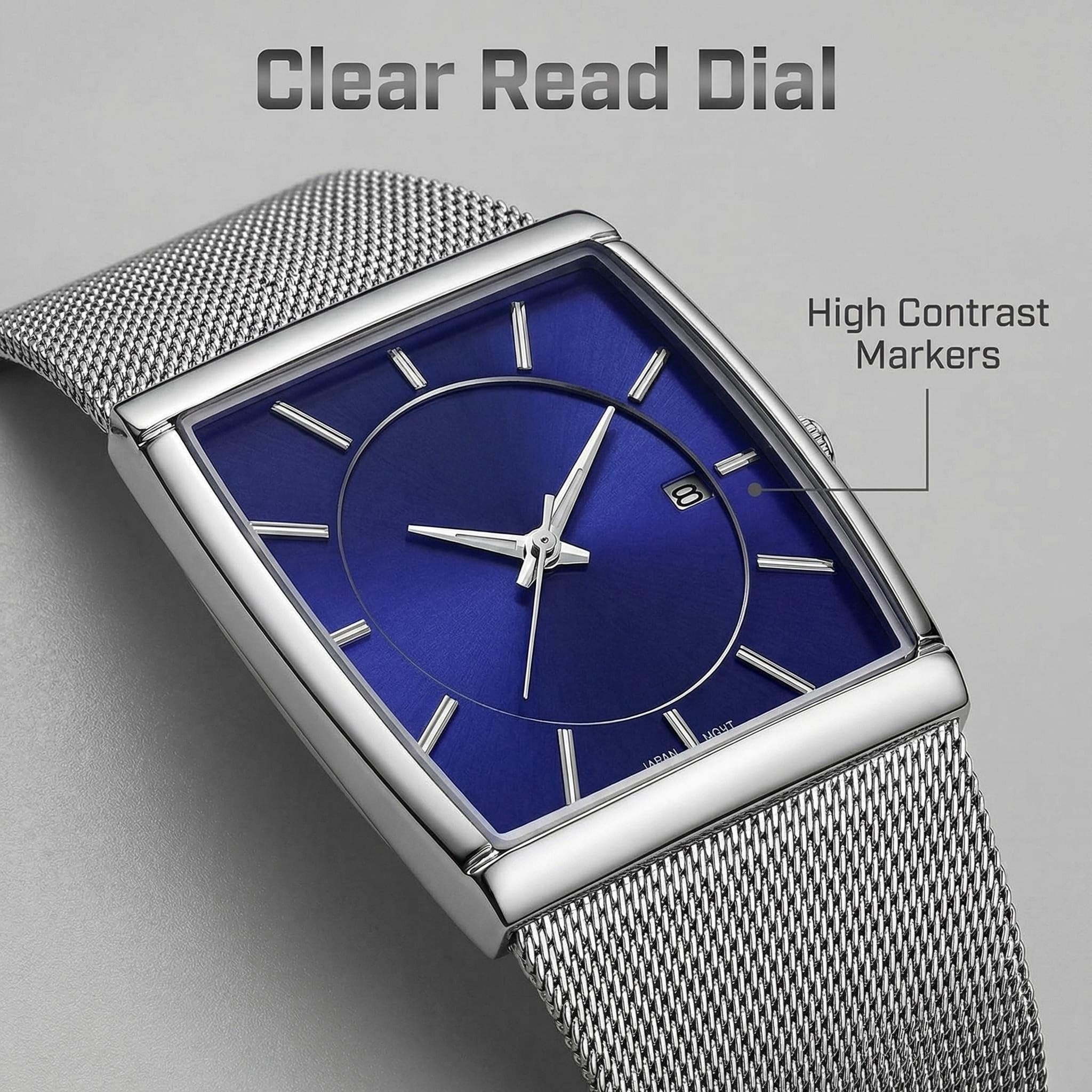 Einfache rechteckige Analoguhr für Herren, ultradünnes Edelstahl-Mesh-Armband, minimalistischer Stil, Armbanduhr, Geschenkbox