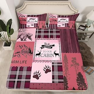 Manfei Deer Bear Fitted Sheet Twin Size, Bear Paw Trees Plaid Wooden Patchwork Bedding Set 2pcs for Kids Adults, Adventure Theme Bed Cover with 1 Pillowcase, Soft Polyester Bedding