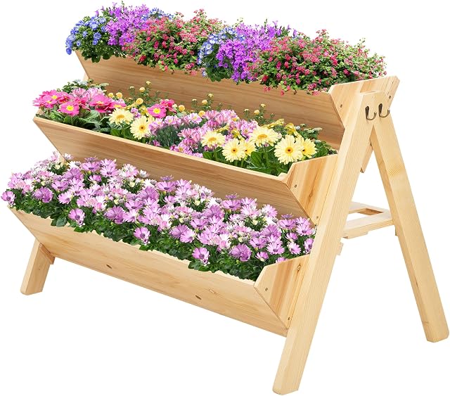 Outsunny 3 Tier 142L Wooden Garden Raised Bed Vertical Plant Bed with Clapboard and Hooks, 120 x 68 x 80cm