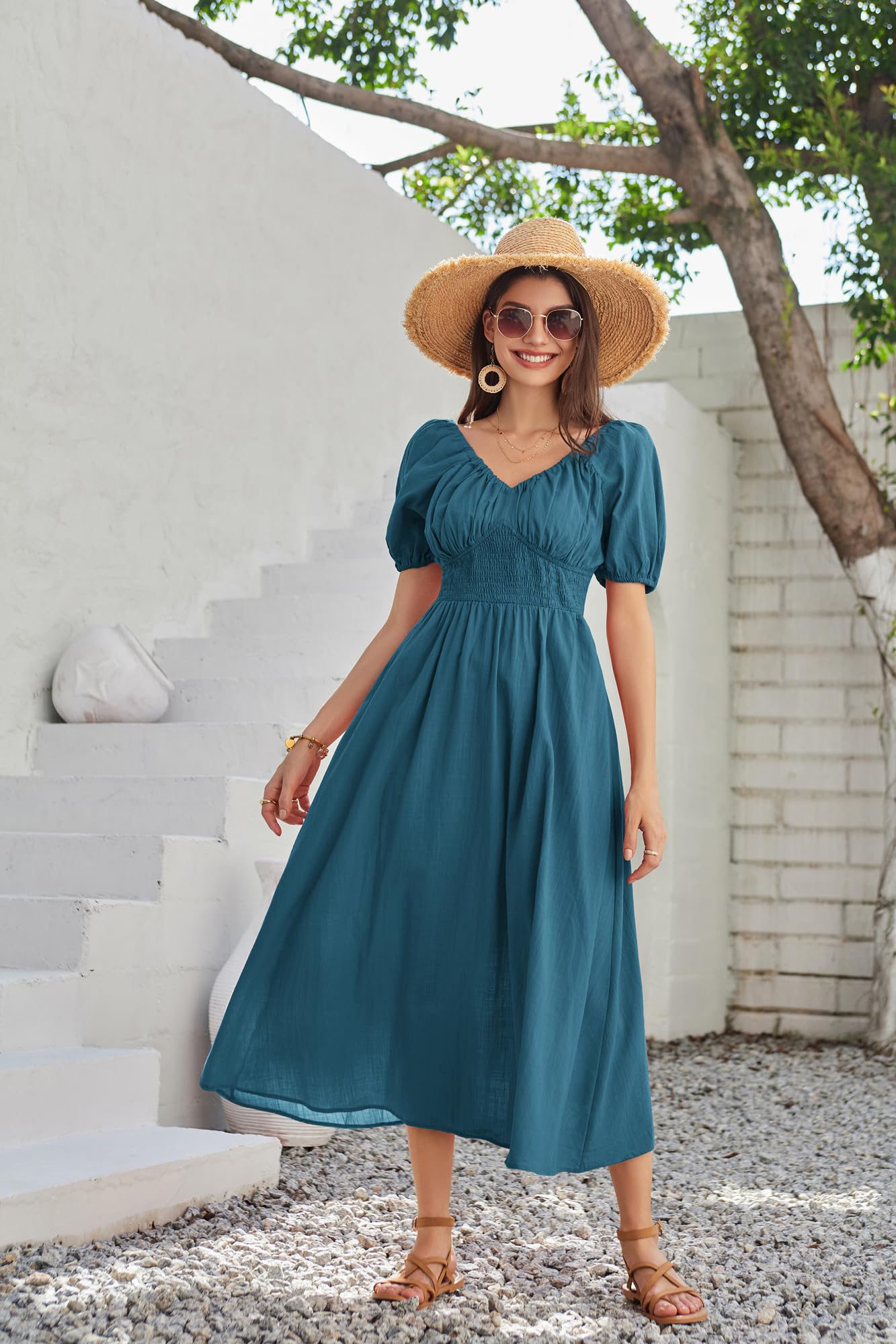 GRACE KARIN Abito da donna a linea svasata, in cotone, traspirante, con scollo a V, stile retrò, con tasche