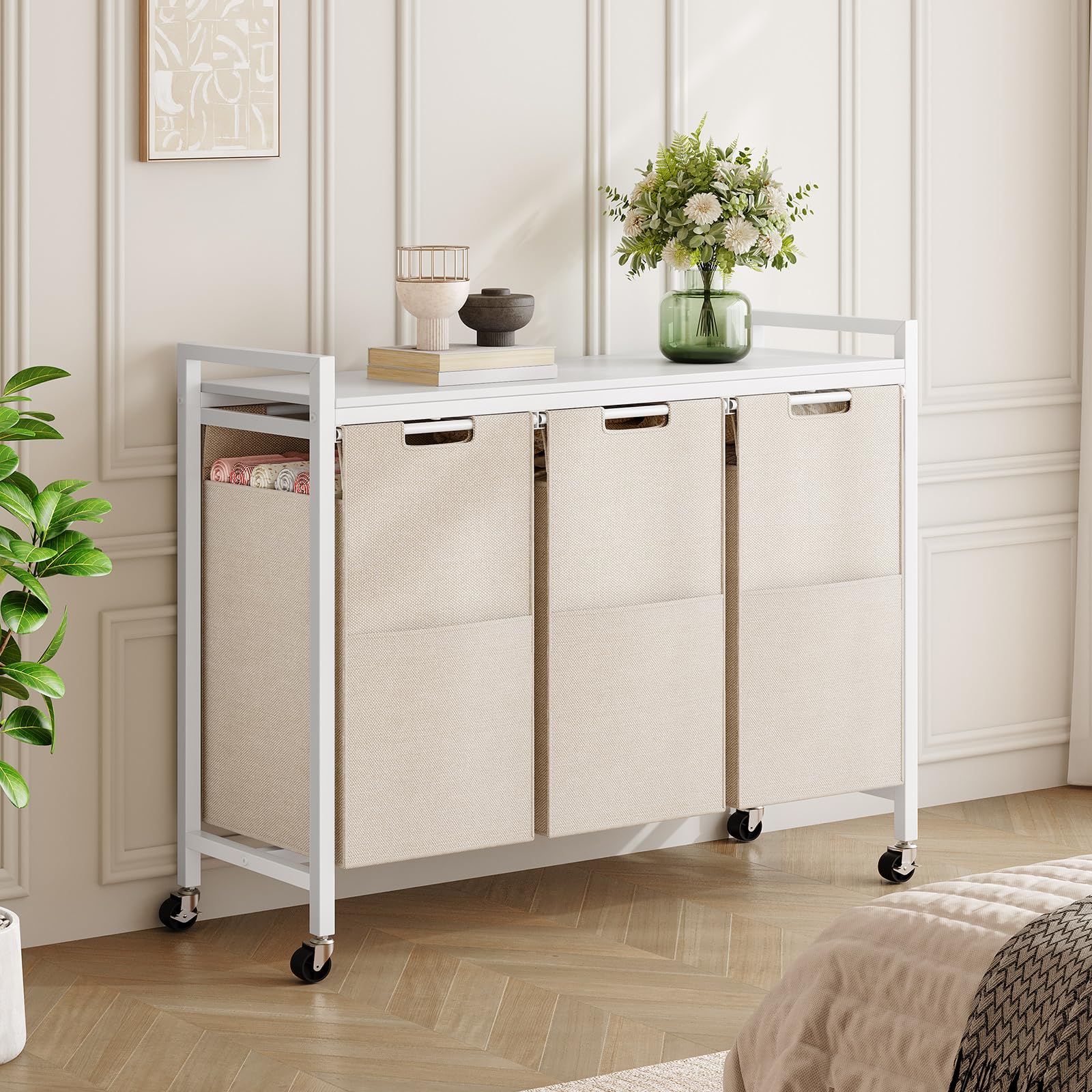 HOOBRO Cesto para Ropa Sucia, Cesta Colada con 3 Bolsas Extraíbles, Carro de Lavandería, 3 x 39,8 L, 84 x 33 x 74, 5 cm, para Lavadero, Baño, Blanco y Gris EWG38XY01G1