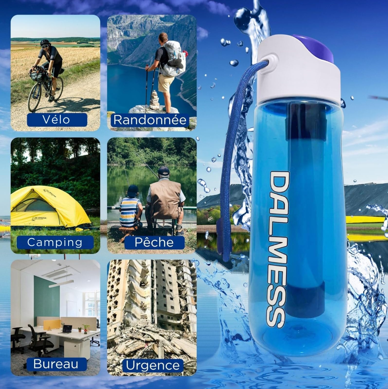 Gourde Filtrante Eau Non Potable 750ml avec Paille Filtrante de survie au Charbon Actif Purificateur d'eau Camping Randonée Voyage Trek Filtre 99.99% des bactéries elimine chlore et odeurs