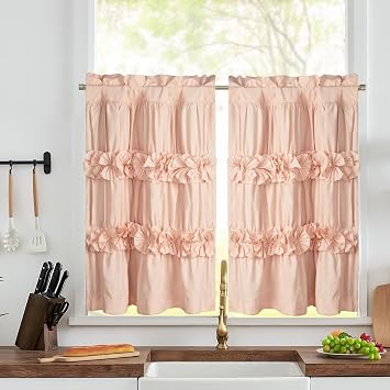 HIG 2 Pack Peach Ruffle Kitchen Curtains Handcrafted Bow Tie Blackout Tier Curtains for Kitchen, Cabinet, Basement, Camper, Farmhouse Decorative Privacy Cafe Window Treatment, 30"x36"