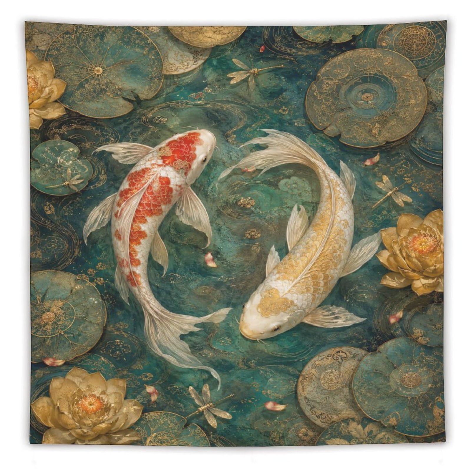 H3B8U2Y5 Koi Fish Floral Wall Tapestry, Watercolor, Minimalist Asian Art