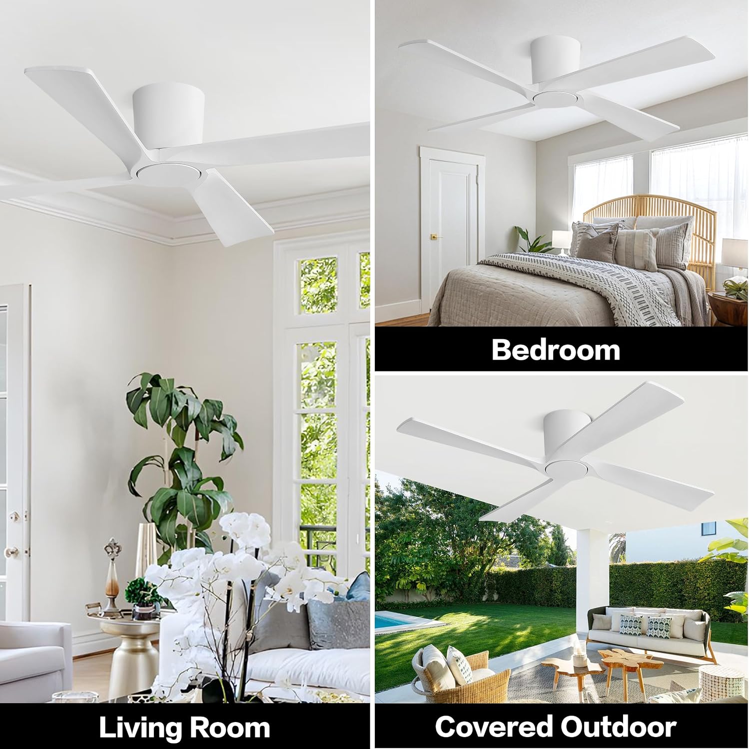WINGBO 48 Inch Flush Mount DC Ceiling Fan Without Lights, 4 Carved Wood Blades, 6-Speed Reversible DC Motor, Low Profile Ceiling Fan No Lights for Indoor and Outdoor, Gloss White, ETL Listed