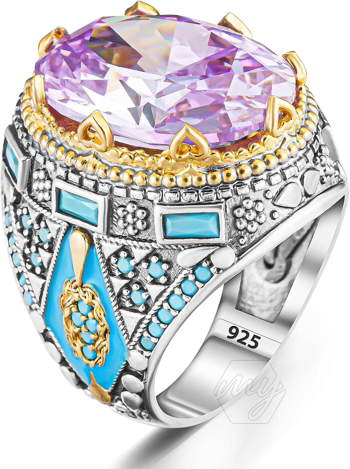 925 Sterling Silver Purple Amethyst Stone Ottoman Turkish Handmade Men's Ring