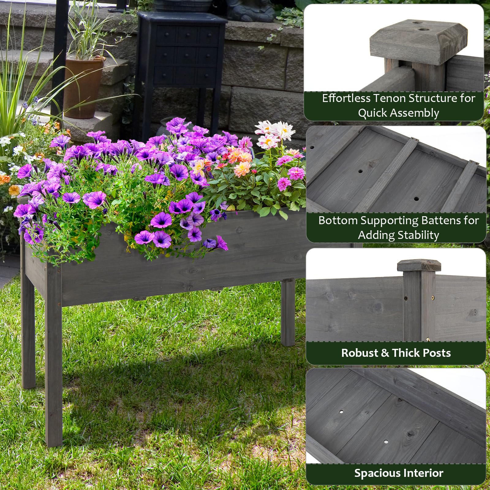 HOMASIS Huerto Urbano de Madera Abeto con Estante, Jardinera Elevada Terraza Exterior con Orificio de Drenaje, Compartimento de Almacenamiento, para Jardín, Balcón (Gris)
