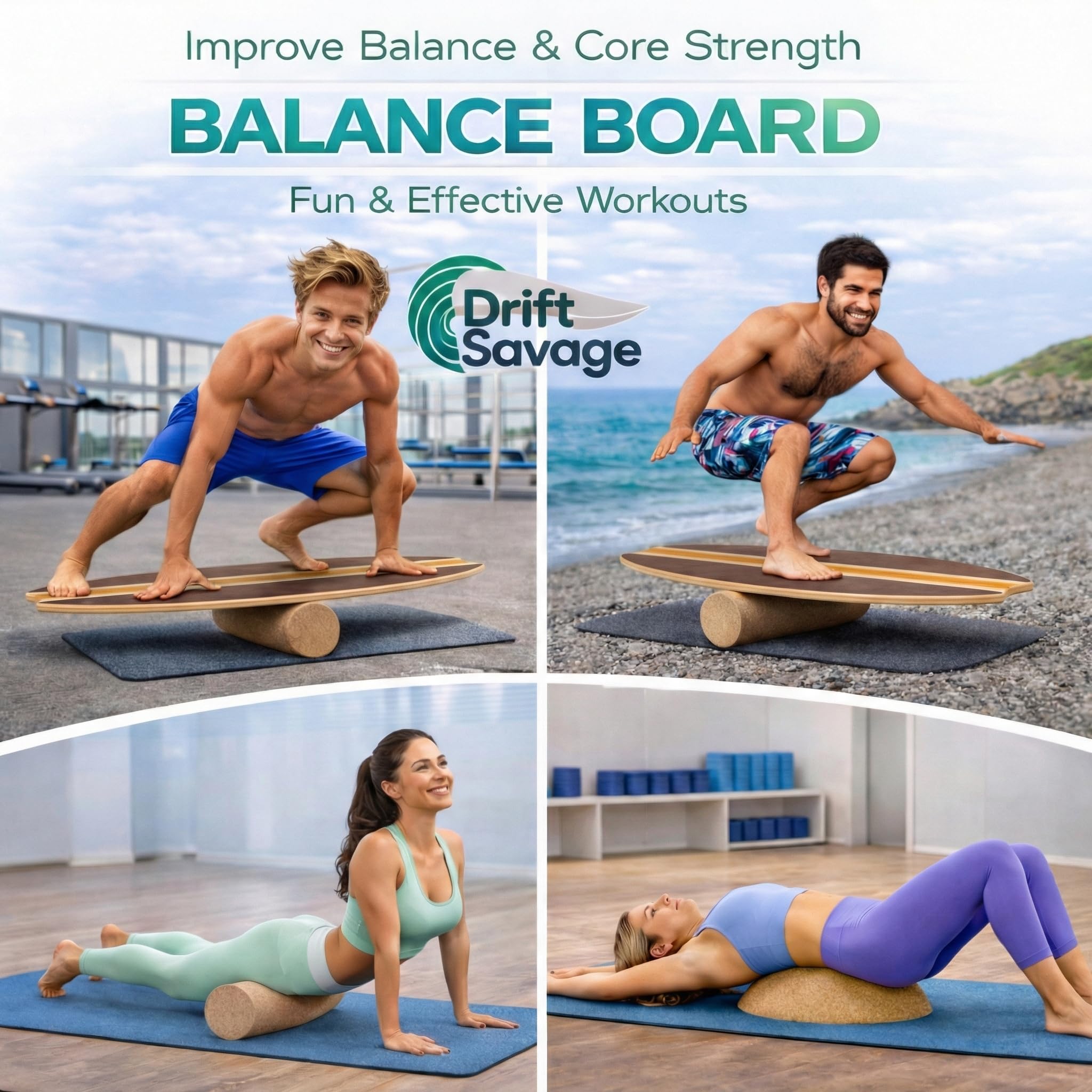 DRIFT SAVAGE 3-in-1 Balance Board Set 78cm, Premium 10-schichtiges Ahornholz für Surftraining, Fitness & Reha. inkl. Rolle & Halbkugel, max. 155kg. Schwalbenschwanz-Form.