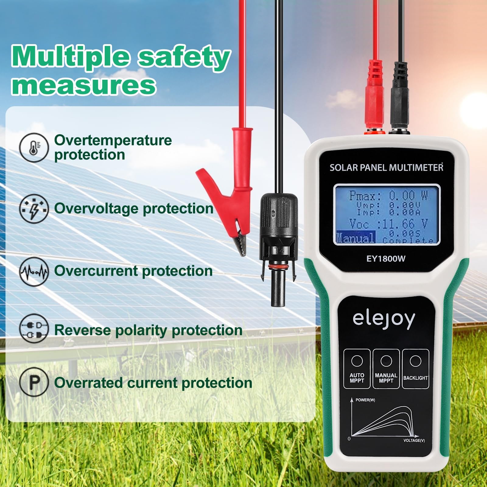 1800W Fotovoltaico Pannello Solare Tester MPPT, Multimetro Pannello Fotovoltaico Tester per Pannelli Solari con LCD Ultra Chiaro, Protezione da sovrapressione, sovratemperatura e sovracorrente