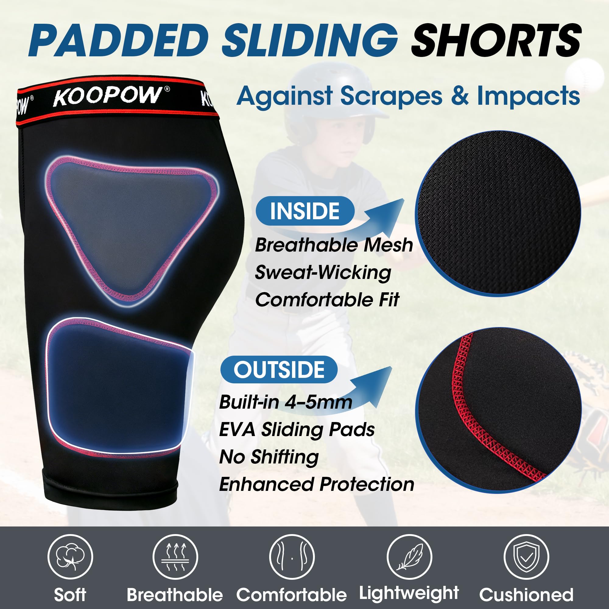 KOOPOW Pantalones cortos acolchados deslizantes para niños y jóvenes con copa atlética protectora suave para béisbol, fútbol, lacrosse