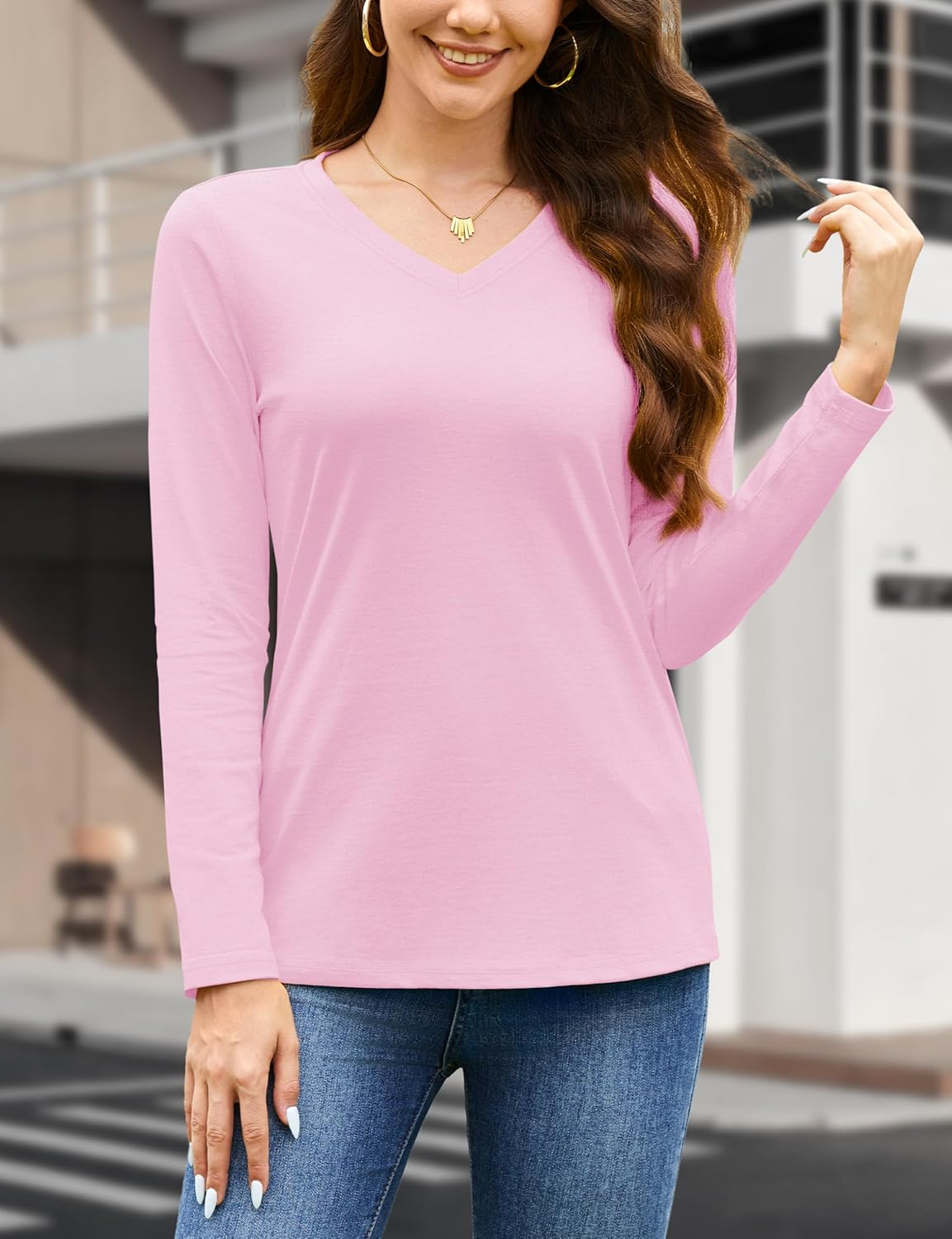 YUCOLEN Women's Long Sleeve Shirts V Neck Cotton T-Shirt Solid Color Casual Tops Basic Tees for Women - Image 2