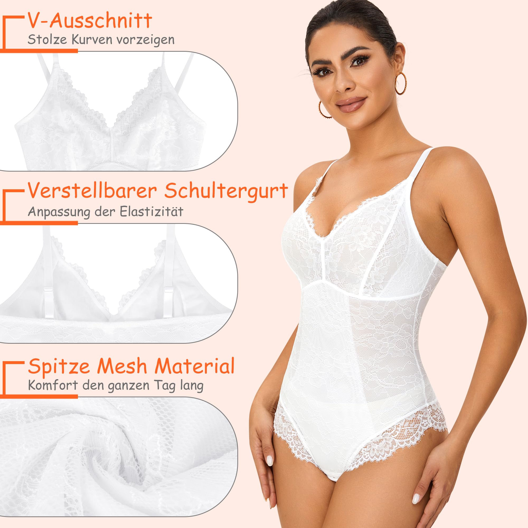 Damen Spitze Shapewear Bauchweg Formende Body Tummy Control Ärmellos Top Bodysuit V-Ausschnitt rückenfrei UnterwäSche