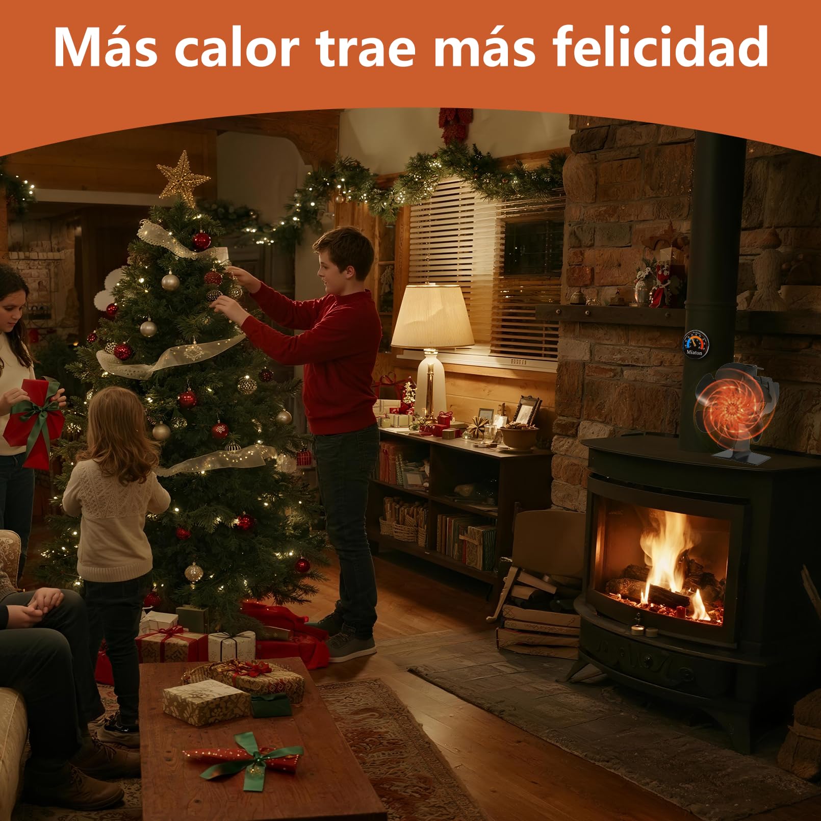 Ventilador Estufa Leña con Termómetro - 6 Cuchillas Ventilador Chimenea, Funcionamiento Silencioso, Ahorro de Energía, para Estufa de Leña o Pellets