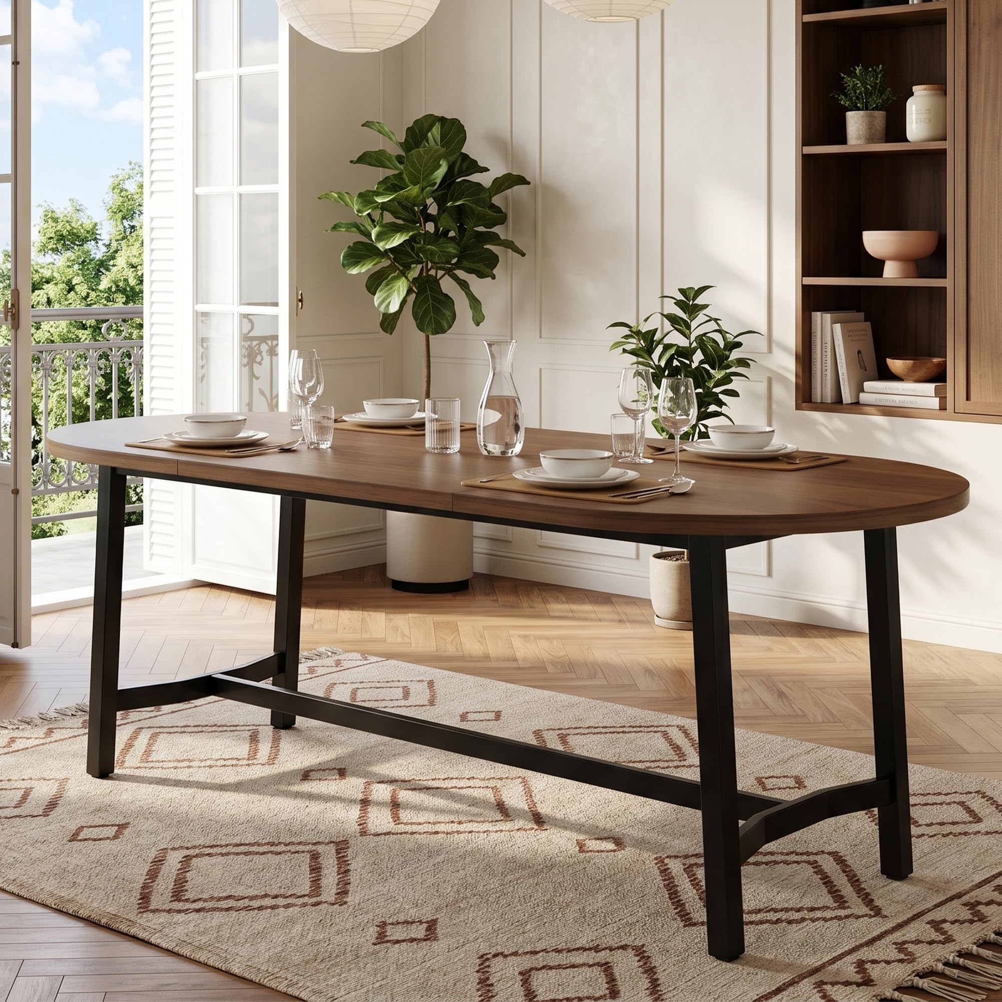 Mesa de comedor 180 x 80 x 75 cm, adecuada para 6 – 8 personas, con esquinas redondeadas, estilo sencillo, patas de mesa de hierro, color nogal, nogal