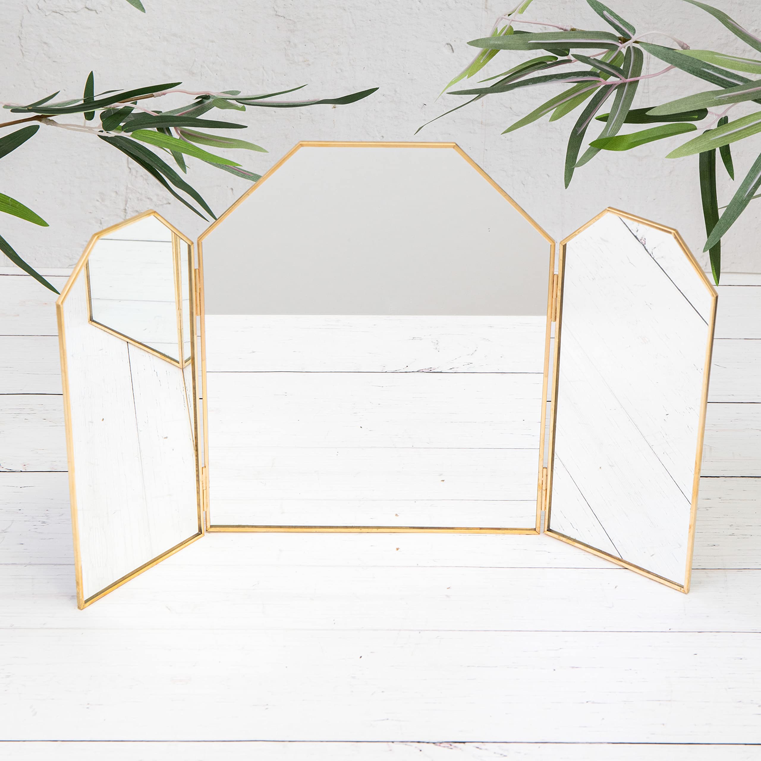 Small Gold Metal Edge Folding Triple Tabletop Dressing Table Vanity Mirror