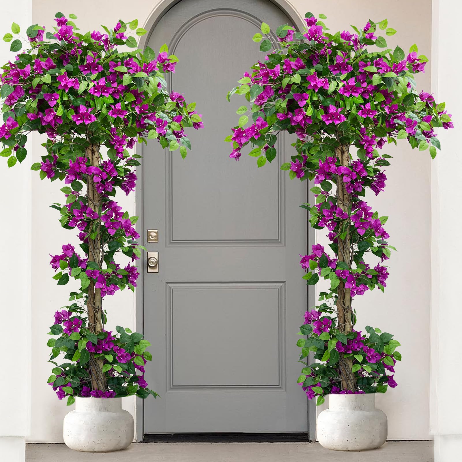 Tall Bougainvillea Artificial Tree for Outdoors or Indoors, Faux Tree Realistic Wood with Flowers in Plastic Pot Front Porch Plants, Home, Office, Purple, 6FT,2 PCS