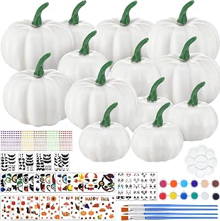 Simgoing 36 Sets Pumpkin Painting Kits Fall Halloween Crafts White Plastic Pumpkin with Stickers Paint Paintbrushes for Autumn Thanksgiving Activity Coloring DIY Art Projects Party Decoration