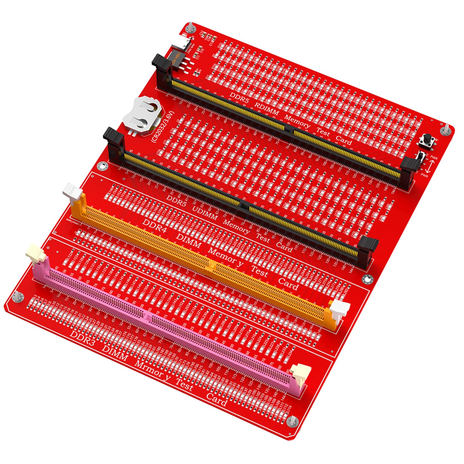 Tester di memoria DDR3/4/5 RDIMM/UDIMM con indicatori LED, pulsante di prova di alimentazione USB C, computer, modulo scheda di memoria DDR3/4/5, adattatore diagnostico