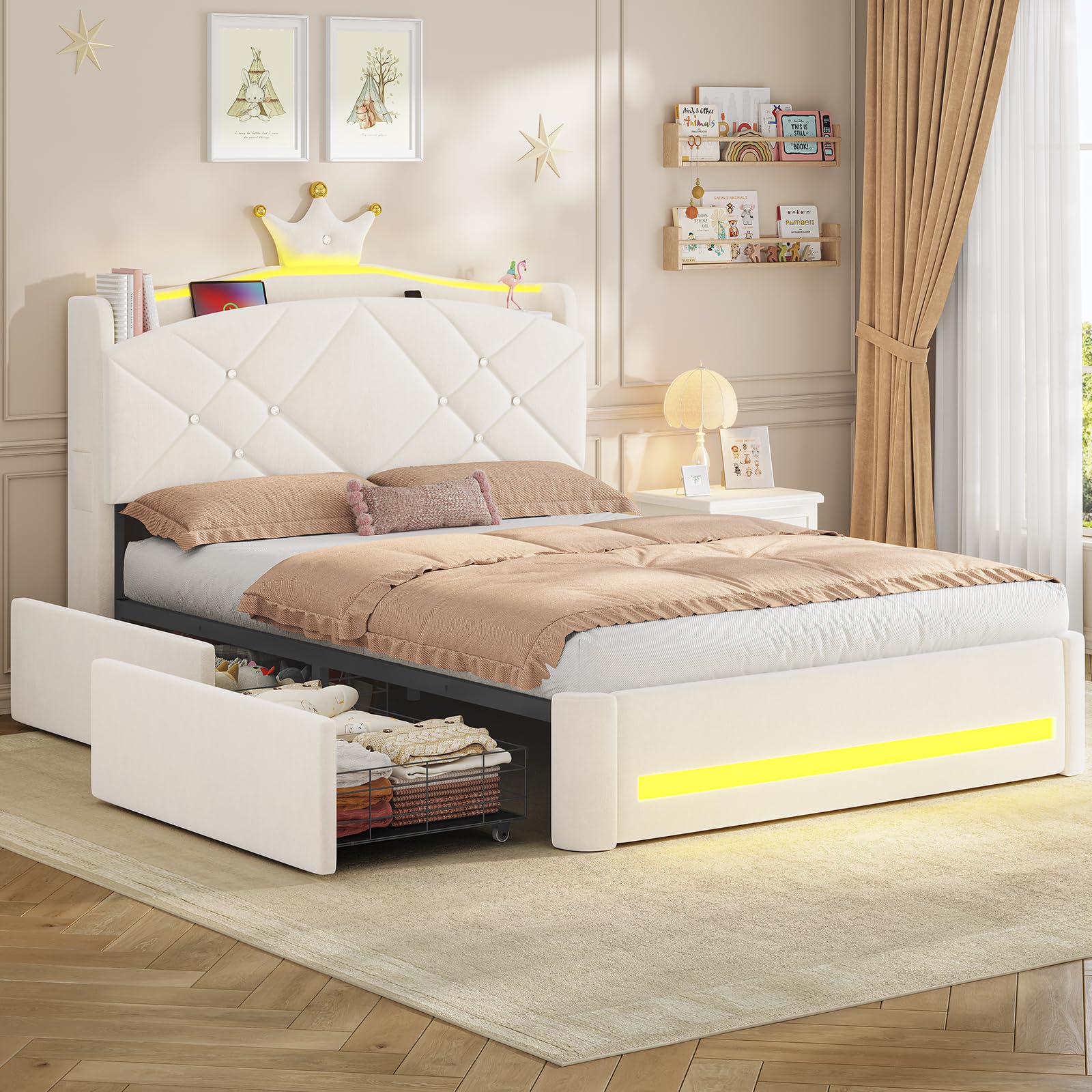AOGLLATI Cama Juvenil 140x190cm, Cama Princesa, Camas Matrimoniales, Bianco | 2 Cajones de Almacenaje, Iluminación LED, Estación de Carga, Cabecero Tapizado, Bordes Redondeados, Modo música, Terciopelo