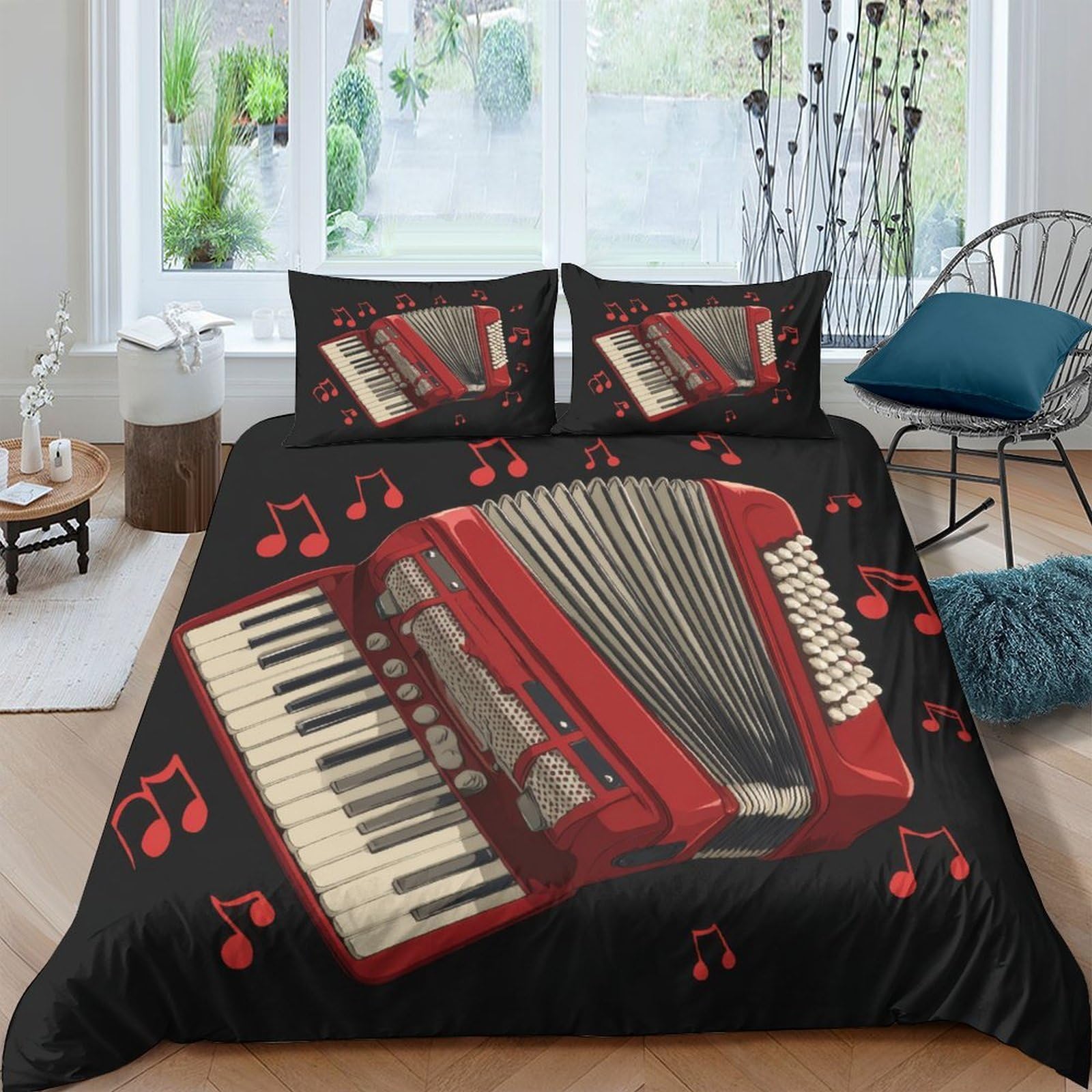 Ctjqhvkz Style-10 3D Printed Accordion Music Fitted Sheet Microfiber Soft Black Red Bed Cover For Bedroom Dorm Mattress Protection Decor Single（135X200cm）