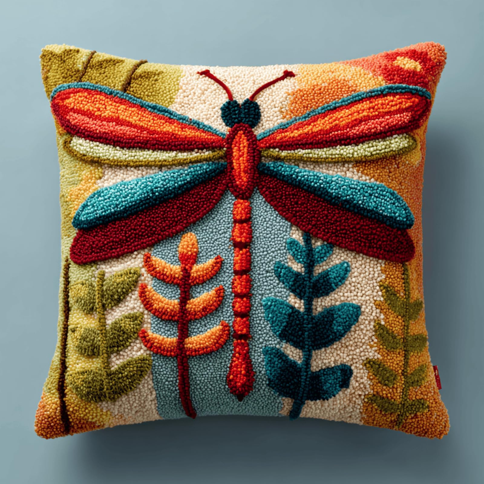 kitphoenix Crochet Cushion Kit 43x43 cm, Dragonfly,DIY Latch Hook Cushion Making Set with Printed Canvas,Pre-Cut Yarn and Easy Instructions for Beginners
