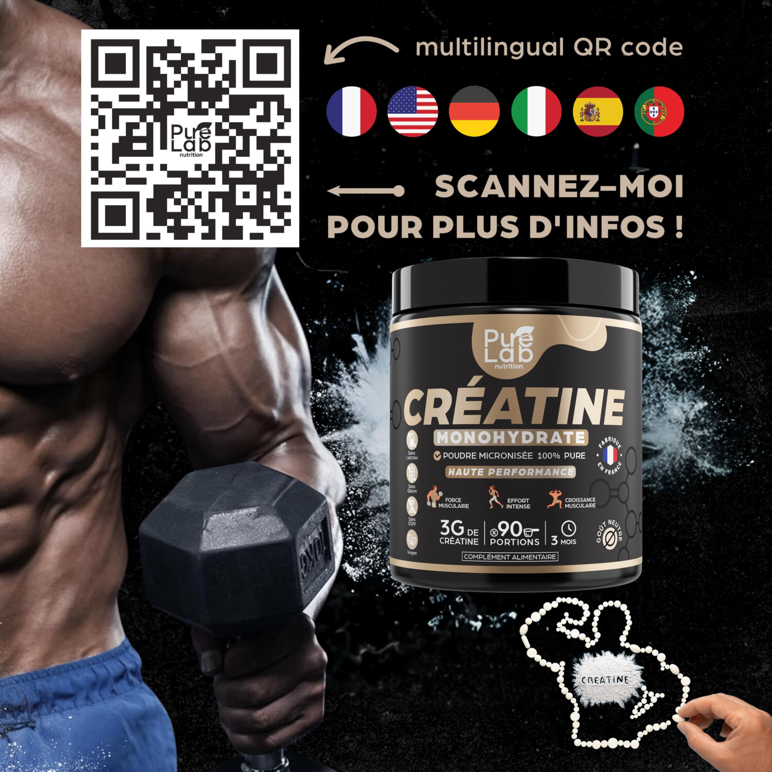Créatine monohydrate poudre 100% pure de qualité micronisée - 90 portions - Haute Absorption - Performance, Force, Masse Musculaire et Efforts Intenses - 100% vegan