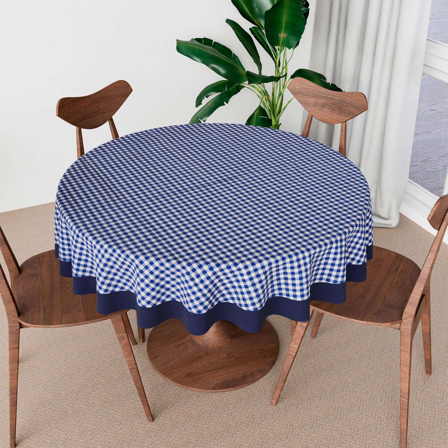 Kuber Industries Round Table Cover | Cotton 4 Seater Table Cloth for Round Tables | Barik Check Kitchen Dining Tablecloth | 60 Inch | Blue