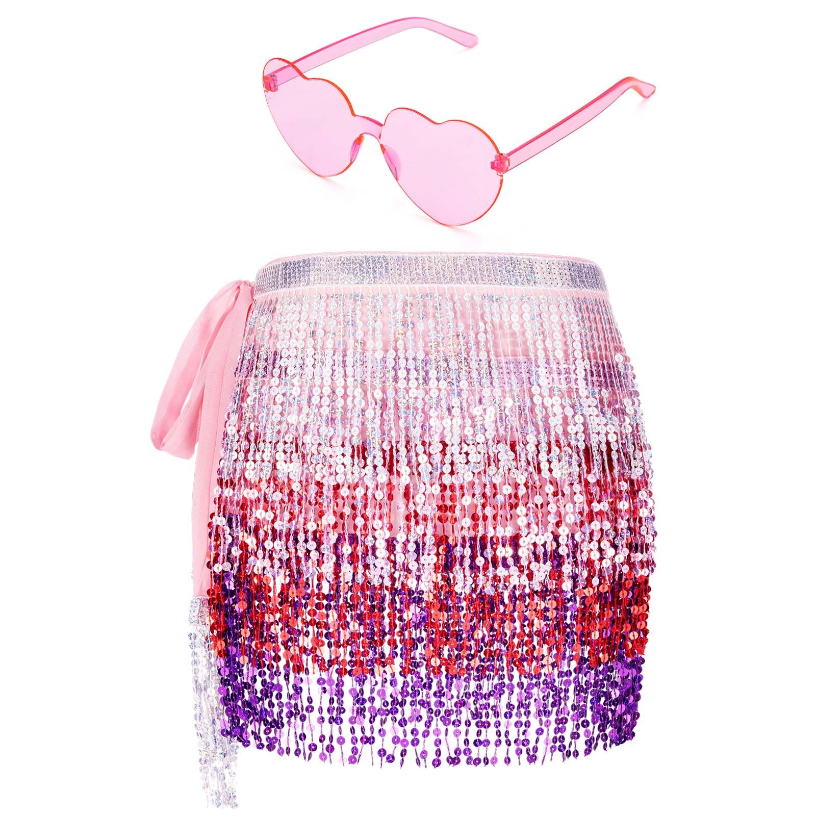 Hifot Falda de con borlas de Lentejuelas para Danza del Vientre con Gafas Corazon, Falda Lentejuelas Rosa Gafas Fiesta, Ropa Festival Mujer, Disfraz de Rave, Pañuelo danza del vientre para Mujer Niñas