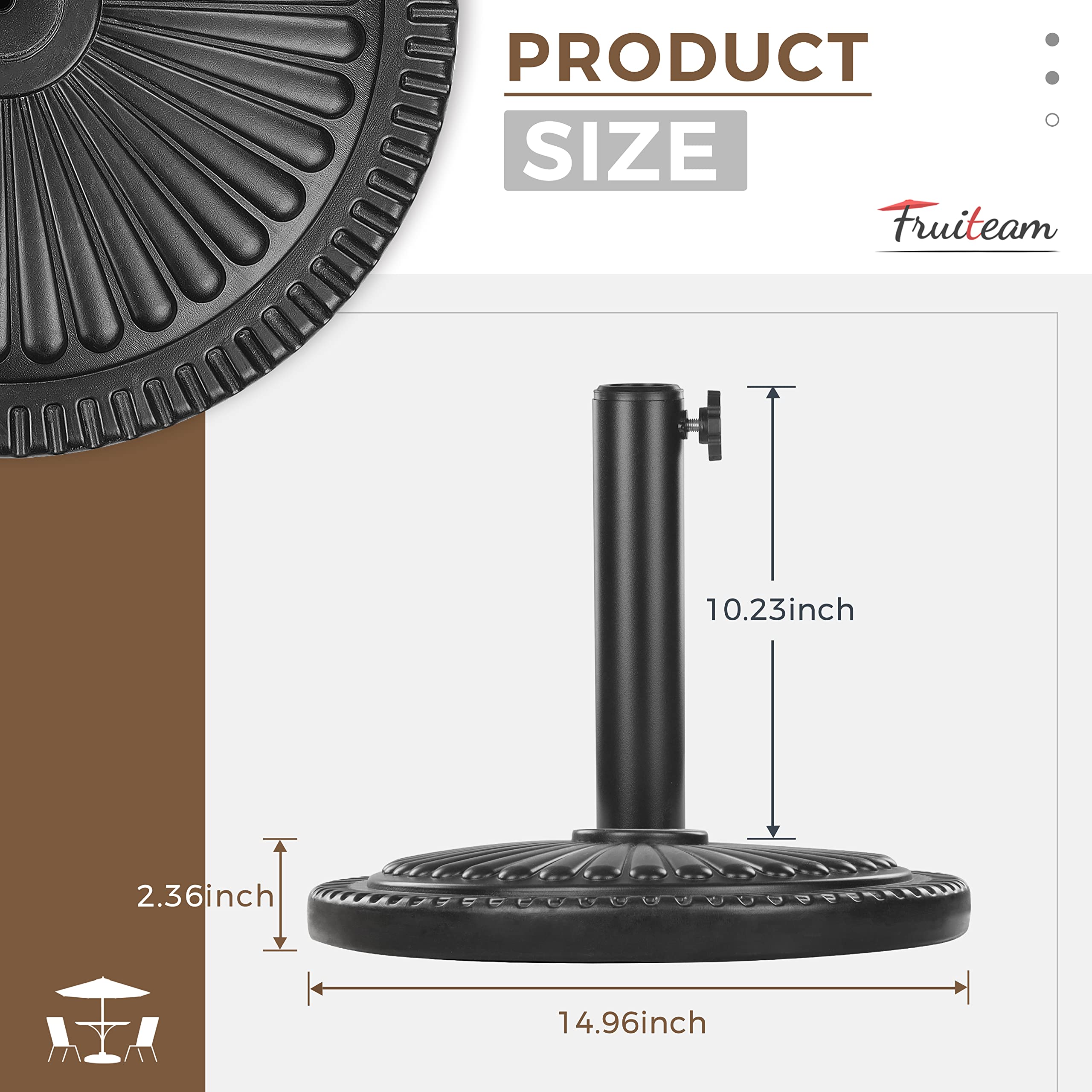 FRUITEAM 22-lbs Patio Umbrella Base 15" Round Table Umbrella Base Stand, Weather-Resistant Outdoor Market Umbrella Stand Holder for Yard/Garden/Deck Porch (Black)