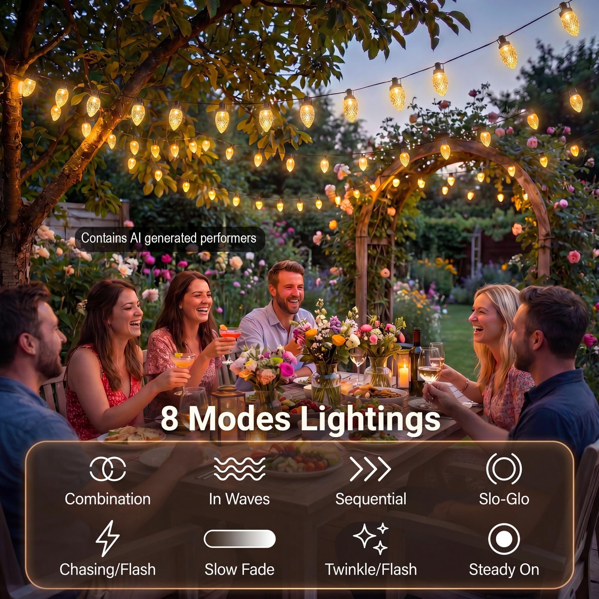 C9 - Guirnalda de luces LED de Navidad alimentadas por energía solar, 50 luces LED impermeables de fresa con 8 modos de iluminación de alambre verde para decoración de patio exterior, boda